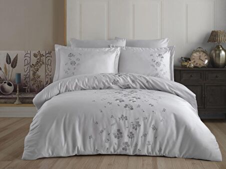 Hobby Çift Kişilik Poplin Premium Nakışlı Nevresim Ella Gri