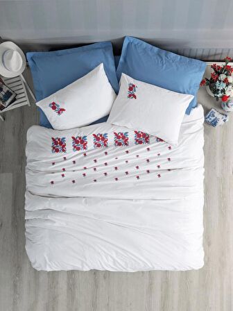 Cotton Box Brode Ranforce Çift Kişilik Nevresim Takımı Nessa Mavi