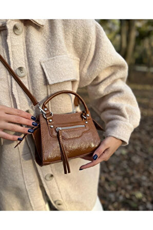 Lona Fermuar Cep Detaylı Çanta Kahve