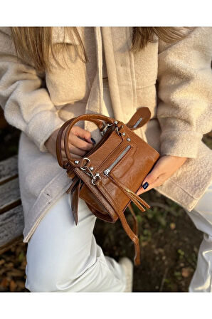 Lona Fermuar Cep Detaylı Çanta Kahve