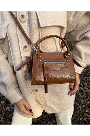 Lona Fermuar Cep Detaylı Çanta Kahve