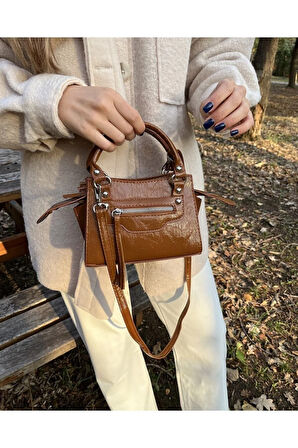 Lona Fermuar Cep Detaylı Çanta Kahve