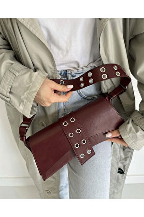 Kuşgözü Detaylı Baget Çanta Bordo