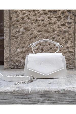 Kırışık Deri Mini City Çanta Beyaz