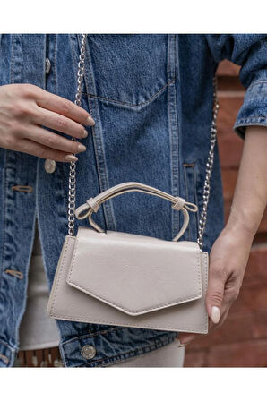 Kırışık Deri Mini City Çanta Krem