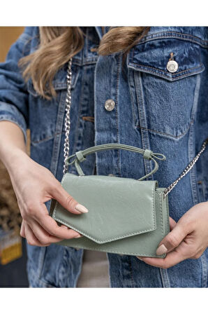 Kırışık Deri Mini City Çanta Mint Yeşili