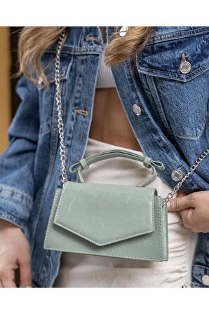 Kırışık Deri Mini City Çanta Mint Yeşili