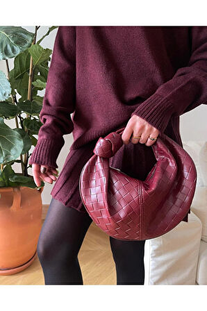 Düğüm Detaylı Örgülü Çanta Bordo