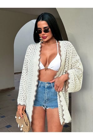Kadın Yaz Tatil Plaj Örgü Retro Ön Bantlı Bikini Üstü Kimono Ceket