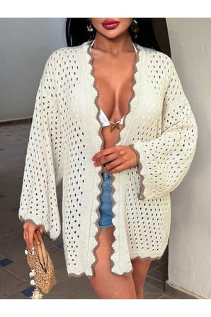 Kadın Yaz Tatil Plaj Örgü Retro Ön Bantlı Bikini Üstü Kimono Ceket