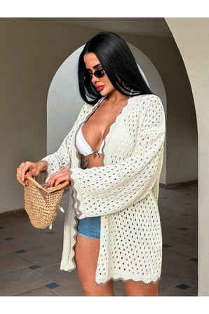 Kadın Yaz Tatil Plaj Örgü Retro Ön Bantlı Bikini Üstü Kimono Ceket