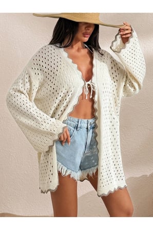 Kadın Yaz Tatil Plaj Örgü Retro Ön Bağlamalı Bikini Üstü Kimono Ceket