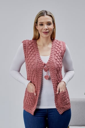 Kadın Angora Simli Yün Örgü Cepli Anne Triko Yelek