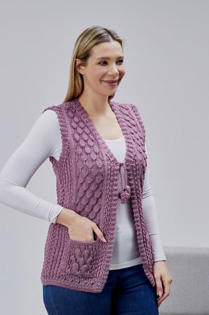 Kadın Angora Simli Yün Örgü Cepli Anne Triko Yelek