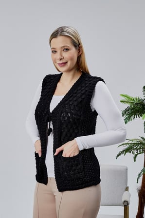 Kadın Angora Simli Yün Örgü Cepli Anne Triko Yelek