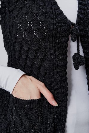 Kadın Angora Simli Yün Örgü Cepli Anne Triko Yelek