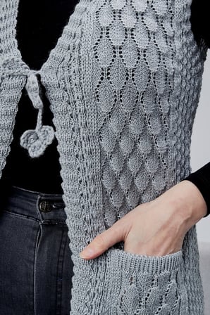 Kadın Angora Simli Yün Örgü Cepli Anne Triko Yelek
