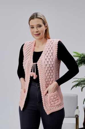Kadın Angora Simli Yün Örgü Cepli Anne Triko Yelek
