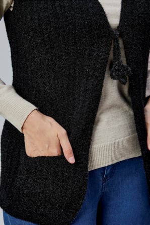 Kadın Orta Yaş Ve Üzeri V Yaka Cepli Simli Örgü Yün Anne Triko Yelek