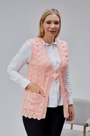 Kadın Yumoş Kazayağı Model Kalın Kışlık Özel Örgü Cepli Triko Anne Yelek