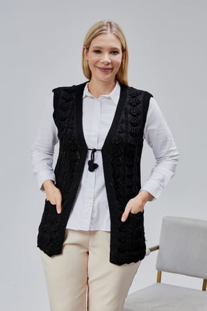 Kadın Yumoş Kazayağı Model Kalın Kışlık Özel Örgü Cepli Triko Anne Yelek