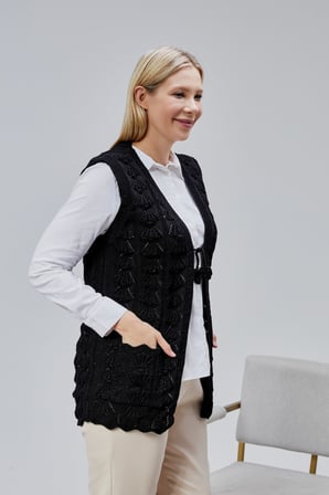 Kadın Yumoş Kazayağı Model Kalın Kışlık Özel Örgü Cepli Triko Anne Yelek