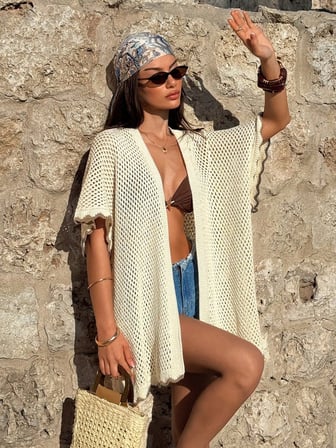 Kadın Yaz Tatil Plaj Örgü Retro Etek Kol  Bantlı Bikini Üstü Kimono Ceket