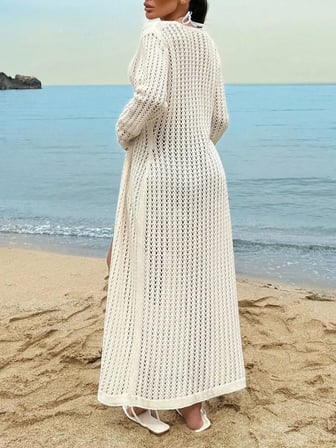 Ajurlu Plaj Kimono Kollu Ön Düğmeli Kadın Ceket Elbise
