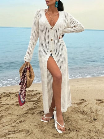 Ajurlu Plaj Kimono Kollu Ön Düğmeli Kadın Ceket Elbise