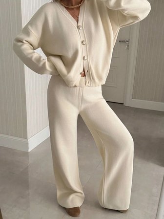 Kadın Günlük Bol Örgü Ceket ve Pantolon Triko Takımı, Rahat ve Minimalist Tasarım