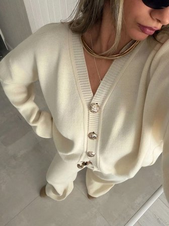 Kadın Günlük Bol Örgü Ceket ve Pantolon Triko Takımı, Rahat ve Minimalist Tasarım