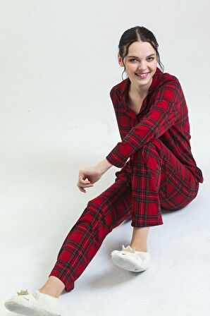 17864 - Penye Düğmeli Ekose Pijama Tk