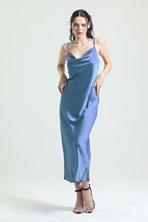 9790 - Degaje Yaka Krep Saten Uzun Gecelik