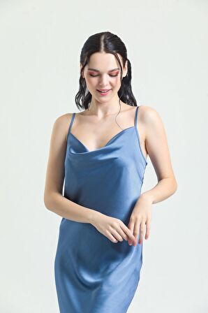 9790 - Degaje Yaka Krep Saten Uzun Gecelik