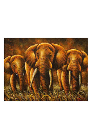 El Yapımı Altın Tonlarında 3’lü Fil Tuval Tablo Şans ve Bereket Sembolü