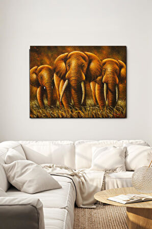 El Yapımı Altın Tonlarında 3’lü Fil Tuval Tablo Şans ve Bereket Sembolü