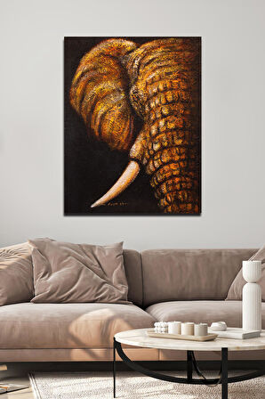 El Yapımı Altın Tonlarında Fil Tuval Tablo Şans ve Bereket Sembolü