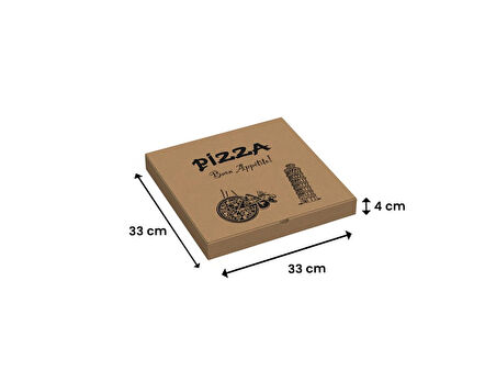 33x33x4 - 25 Adet - Baskılı Esmer Pizza Kutusu (Orijinal Kraft)