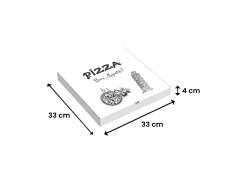 33x33x4 - 50 Adet - Baskılı Beyaz Pizza Kutusu (Orijinal Kraft)