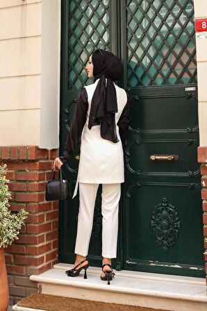 Broş Detay Kuşaklı Yelek Takım