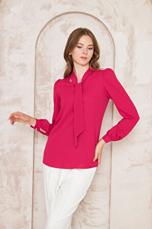 Büzgü Kol Fularlı Gömlek Fuşya