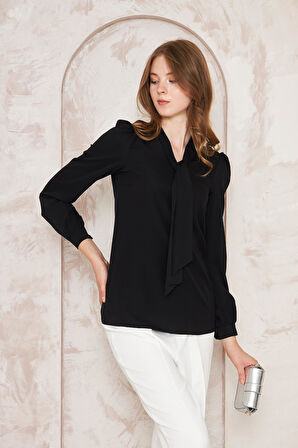 Büzgü Kol Fularlı Gömlek Siyah