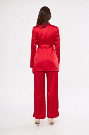 Kuşaklı Saten Takım Kırmızı