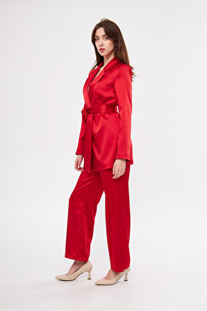 Kuşaklı Saten Takım Kırmızı