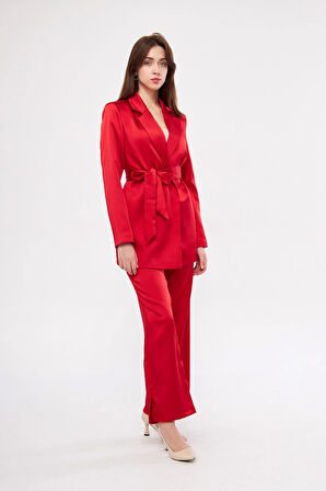 Kuşaklı Saten Takım Kırmızı