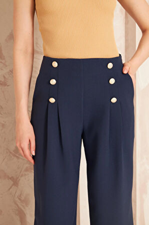 Düğme Detay Bol Paça Pantolon Lacivert