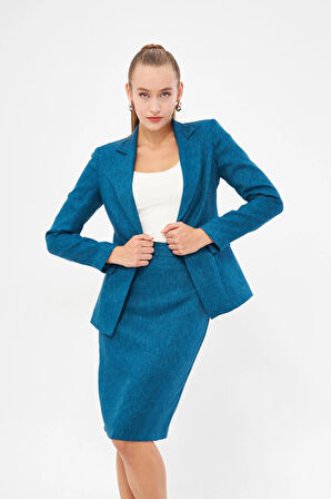 Tek Düğme Yün Efekt Etekli Takım Petrol