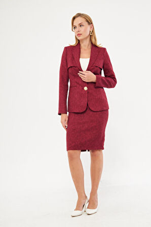 Gold Düğme Yün Efekt Etekli Takım Bordo