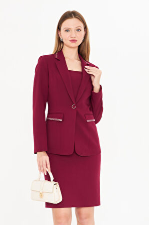 Taş Detaylı Elbiseli Ceket Takım Bordo