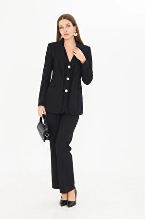 Yelek Detaylı 3 Gold Düğme Takım Siyah